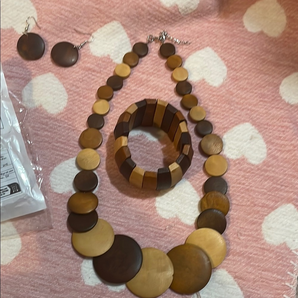 Wooden Beaded Necklace, Bracelet, and Earrings Set